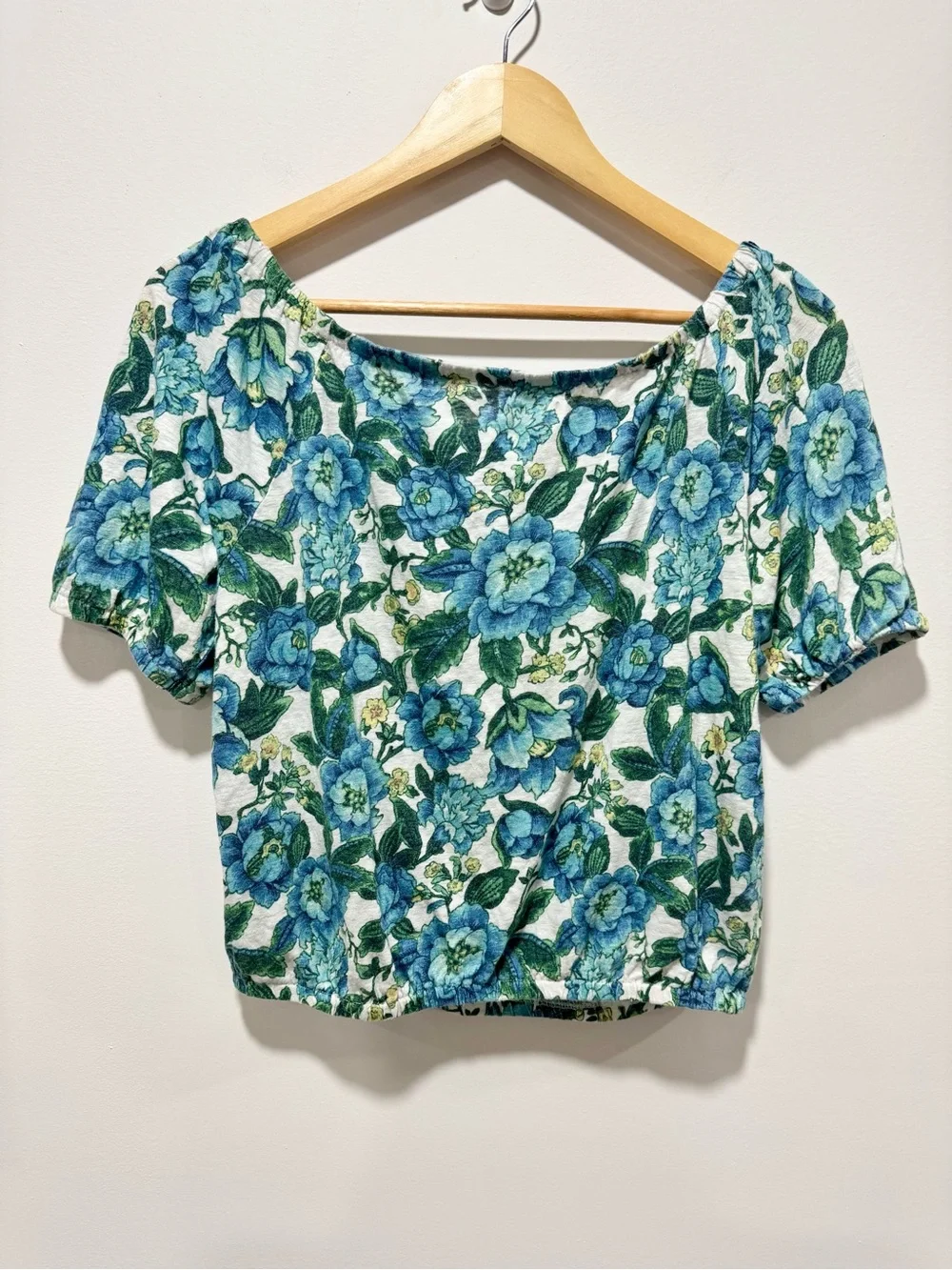 LOFT 100% Linen Blue Green Floral Shirred Puff Sleeve Top Size Small S